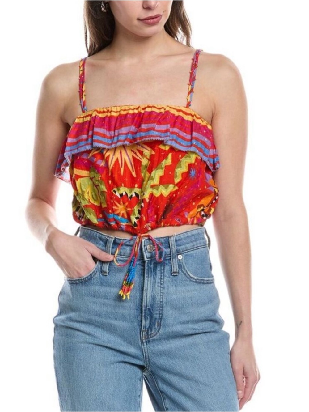 FARM Rio Red Multicolor Ruffle Tie-Front Crop Top